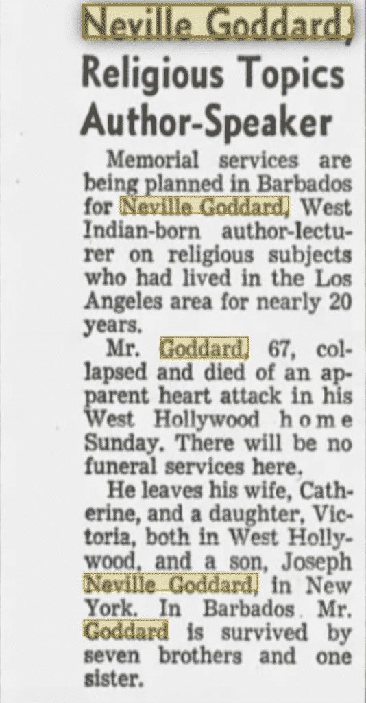 image of Neville Goddard's obituary